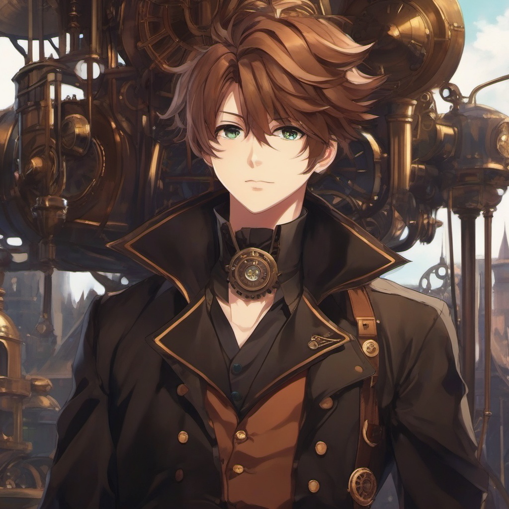 Mischievous anime boy in a steampunk world. , aesthetic anime, portrait, centered, head and hair visible, pfp