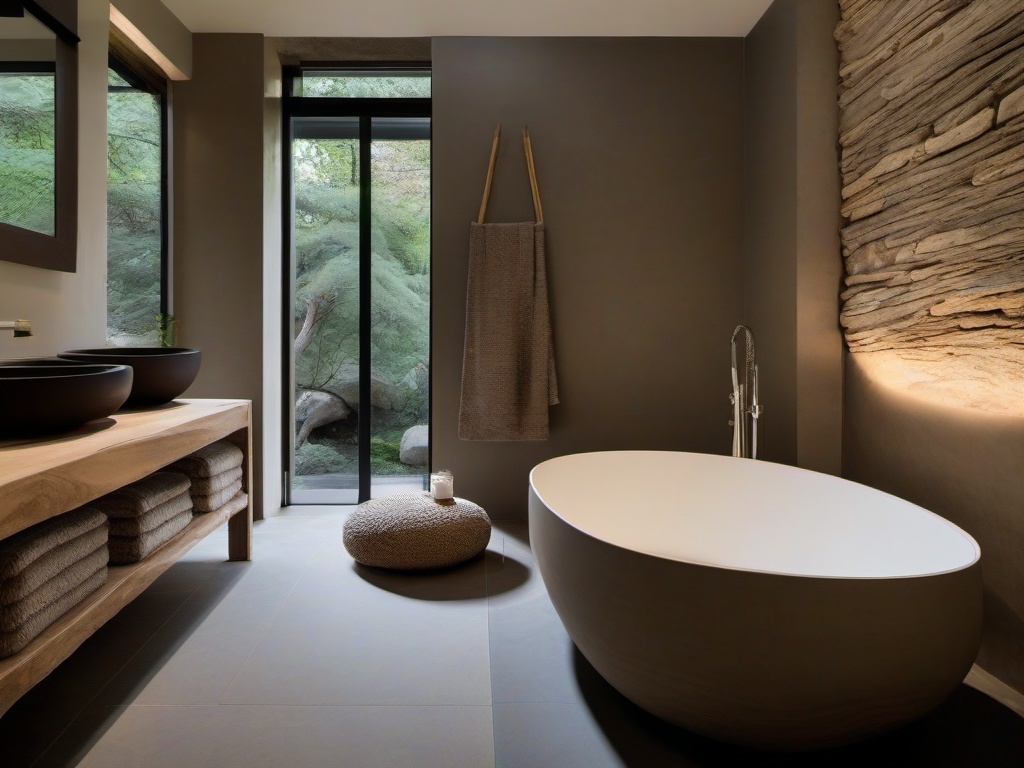 A bathroom with Wabi Sabi interior design features a freestanding tub, natural stone accents, and handmade accessories that turn the space into a serene and grounding oasis.  