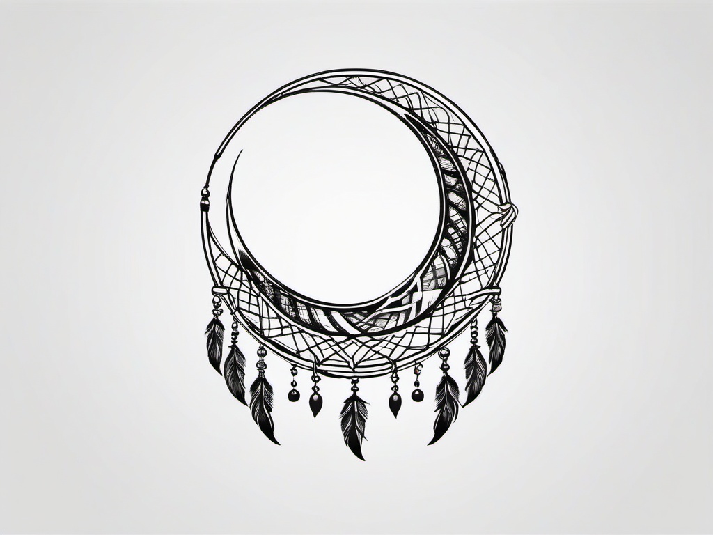 Crescent Moon Dream Catcher Tattoo - Tattoo combining a dream catcher with crescent moon motifs.  simple vector tattoo,minimalist,white background