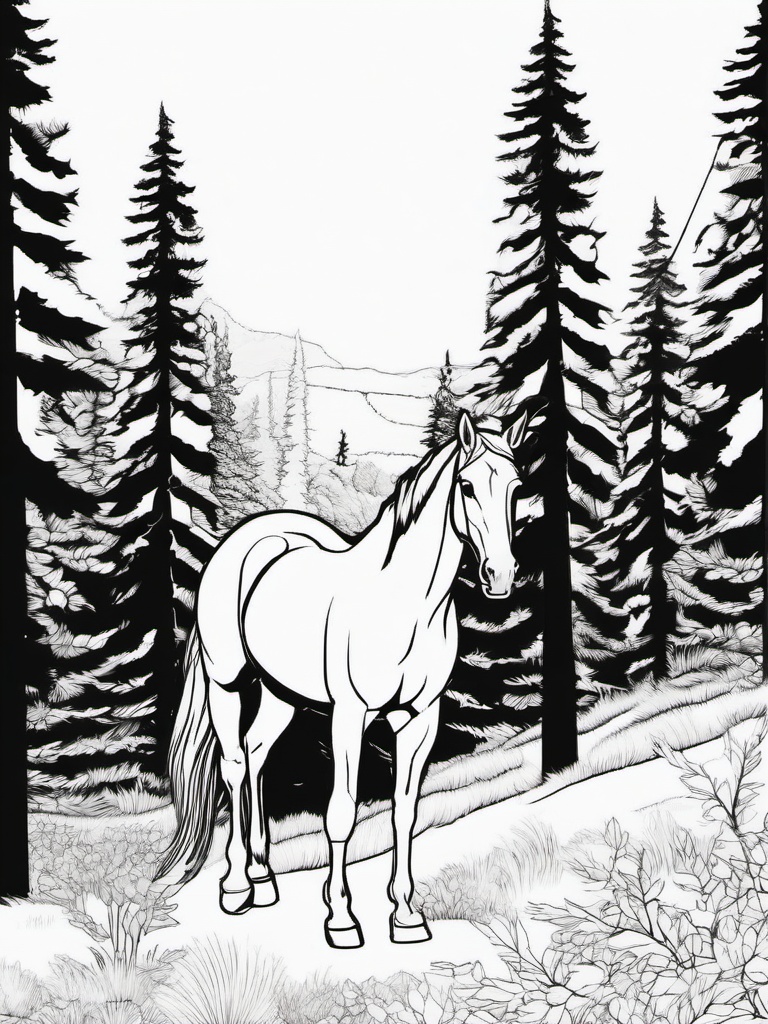 Horse in a Forest Coloring Pages - Horse Wandering Through Tall Trees  minimal black outline printable sheet, coloring page