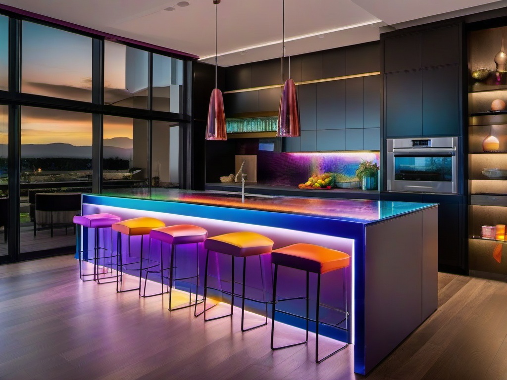 In the kitchen, cosmic chic interior design includes sleek cabinetry with iridescent finishes, cosmic-inspired backsplash tiles, and colorful bar stools that create a vibrant and inviting cooking space.  