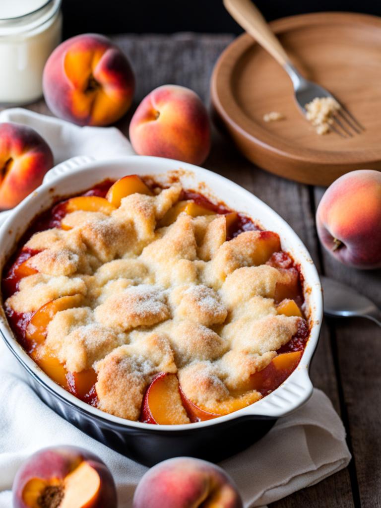 peach cobbler made with sweet, ripe peaches and a crumbly topping. 