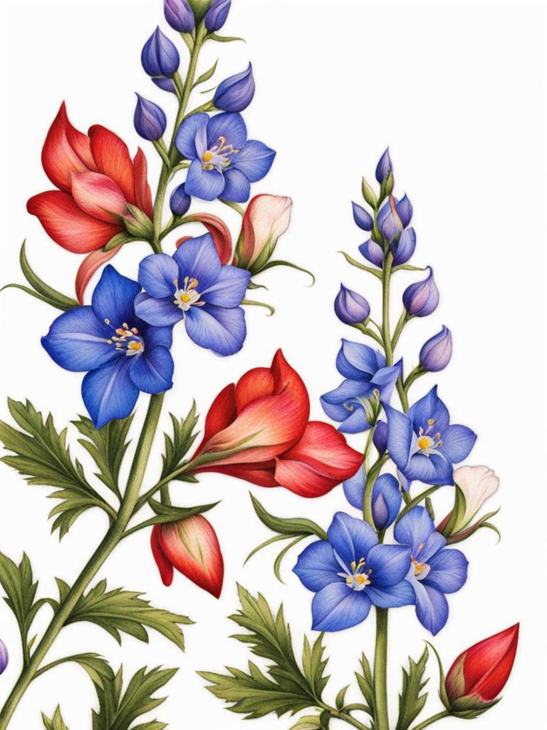 Larkspur tattoo, Tattoos inspired by the colorful and charming larkspur flower.  vivid colors, white background, tattoo design