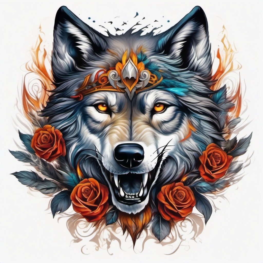 Wolf and Skull Tattoo,macabre symphony of the wolf and a skull, mesmerizing dance between life and death. , color tattoo design, white clean background