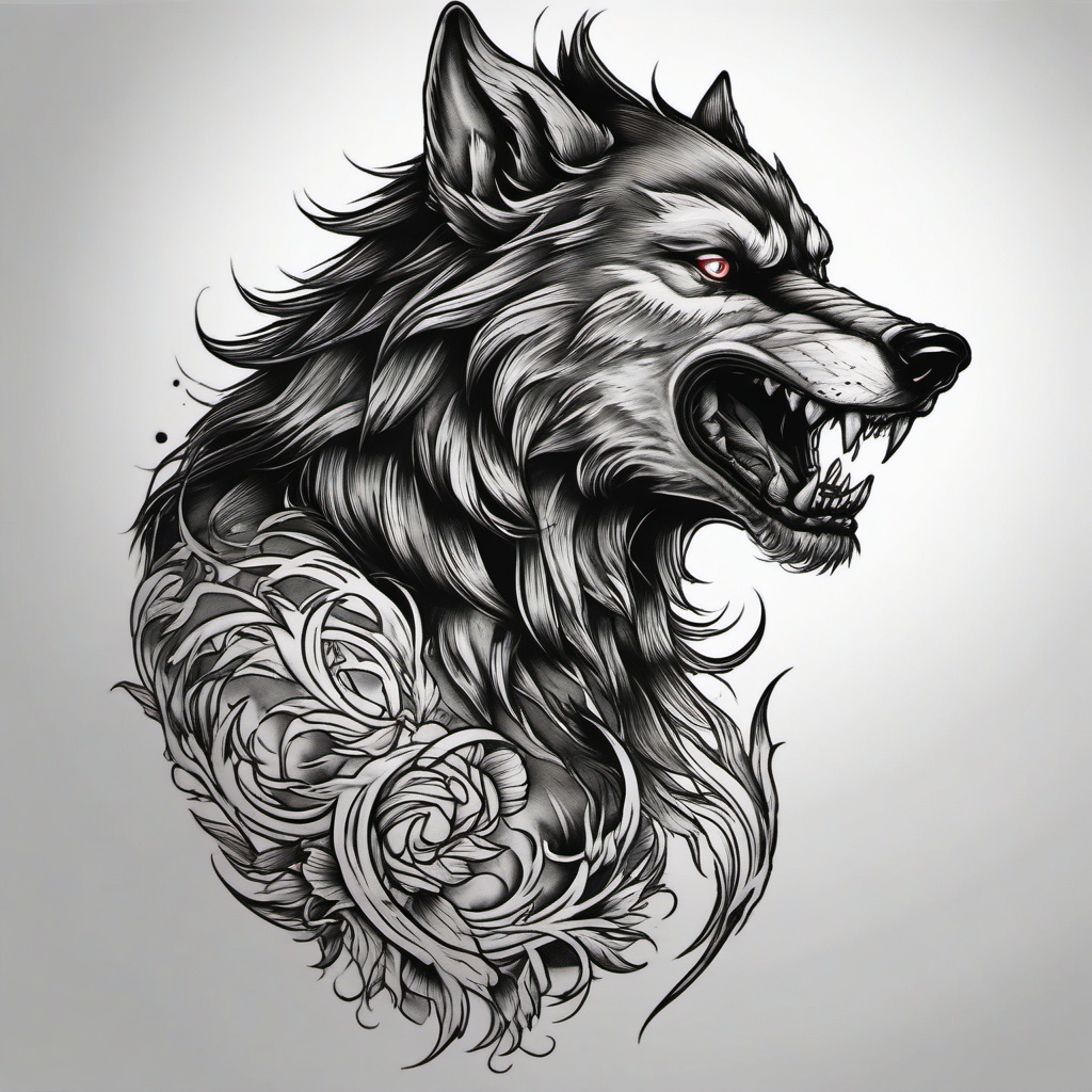 Traditional Werewolf Tattoo,classic tattoo capturing the transformation from human to werewolf, embracing the supernatural. , tattoo design, white clean background