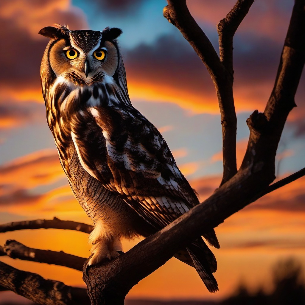 sunset with an owl on an tree 