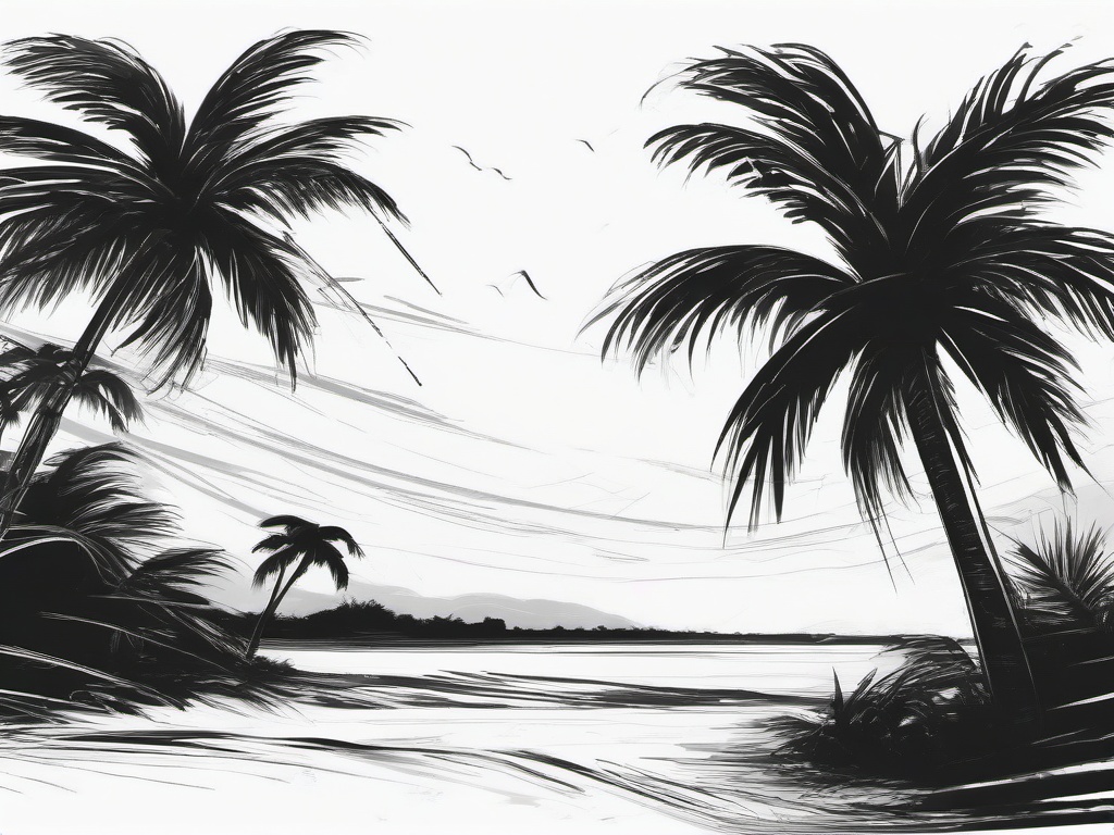 drawing of a tropical storm with palm trees  minimal rough sketch scribbles,doodles,black and white