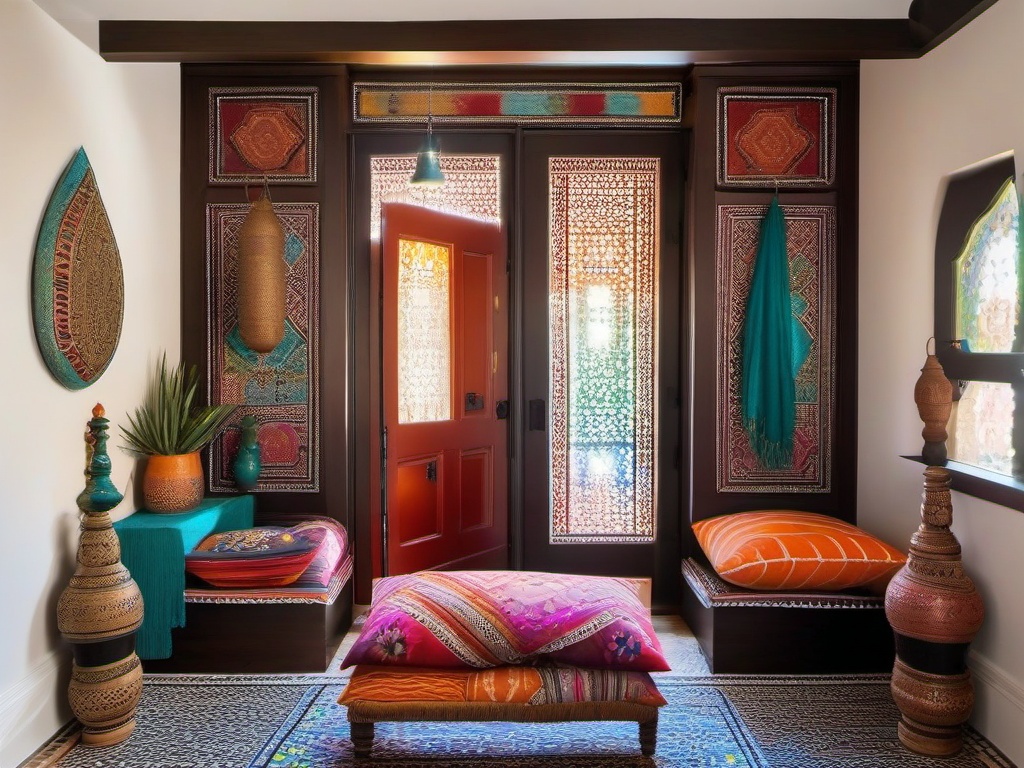 Moroccan mudroom dazzles with vibrant textiles, intricate lanterns, and colorful decor, creating an exotic and inspiring space for entering the home.  