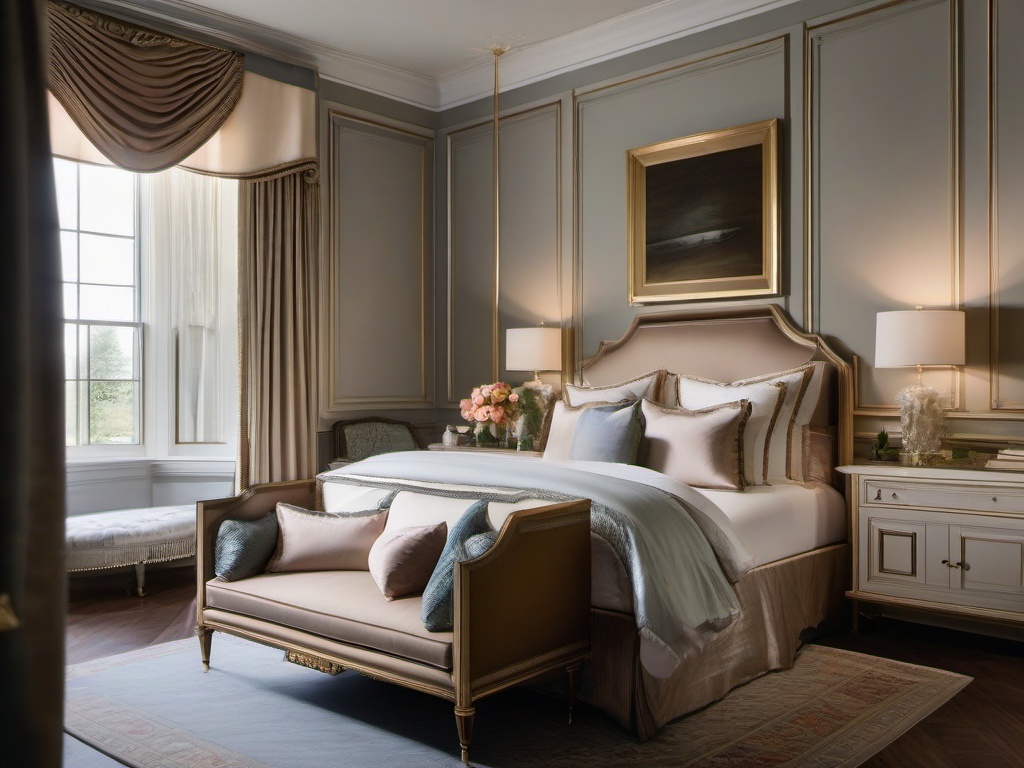 In the bedroom, Regency interior design showcases a plush bed with sumptuous linens, decorative moldings, and tasteful accents that create a serene and opulent sanctuary for rest.  