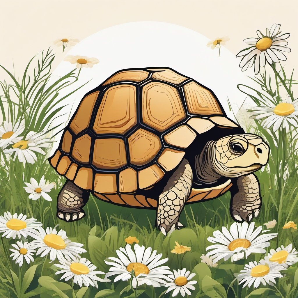 Cute Tortoise - In a garden filled with daisies, the cute tortoise leisurely strolls, savoring the peaceful surroundings.  vector art, clipart, minimal