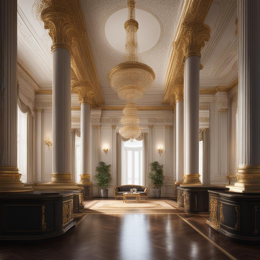 step into a grand neoclassical palace, with grand columns and opulent interiors. 