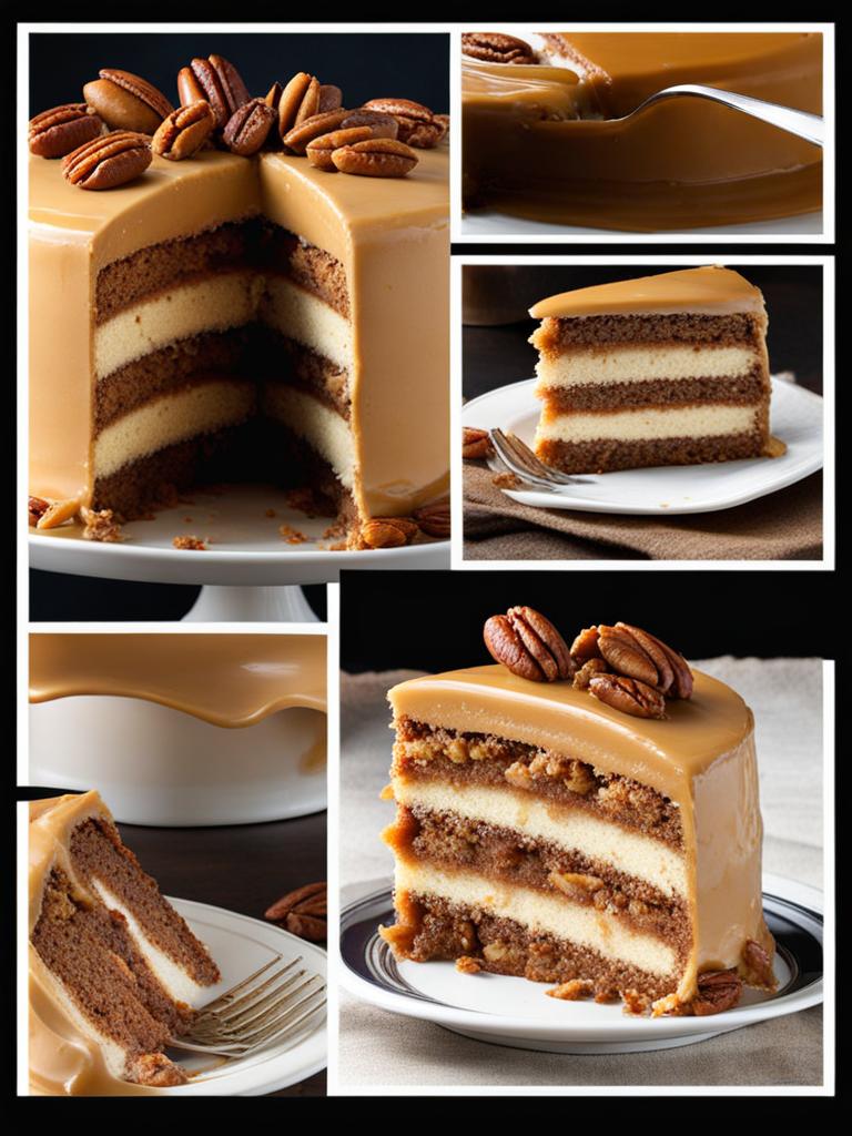 triple-layered caramel cake with pecans, indulged at a southern-style barbecue feast. 