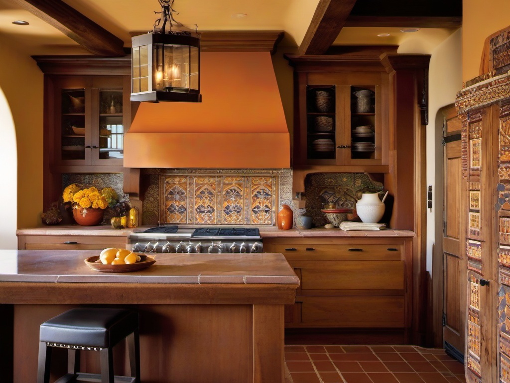 Spanish Revival kitchen incorporates warm colors, patterned tiles, and rustic wooden cabinetry to create a vibrant and inviting atmosphere for cooking.  