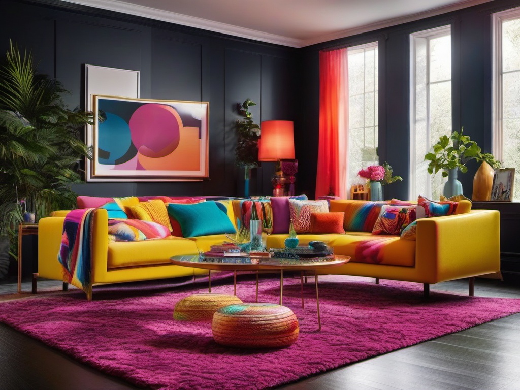 Retro 80s Revival - Embrace the bold and colorful style of the 1980s in your living room. , living room decor ideas, multicoloured, photo realistic, hyper detail, high resolution,