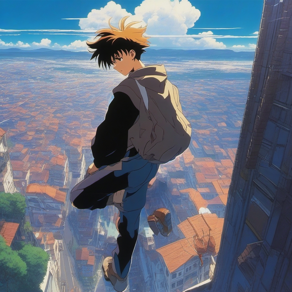 In a floating city above the clouds, an anime boy grapples with his fear of heights while unraveling a conspiracy that threatens the skies.  1990s anime style