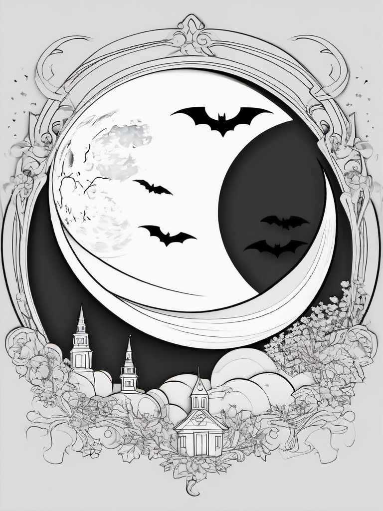 Halloween Moon Coloring Pages - Full Moon with Clouds and Bats  minimal black outline printable sheet, coloring page