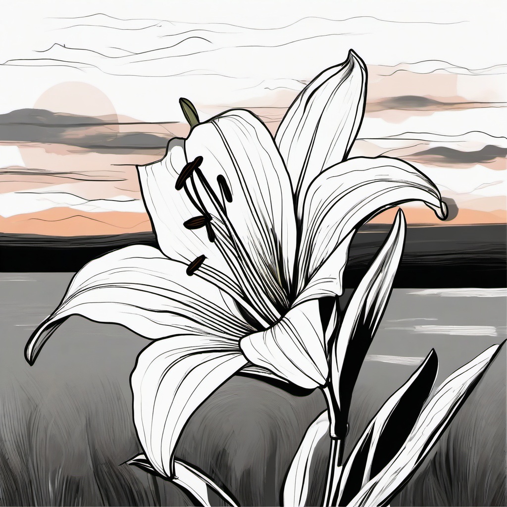 drawing of a lily against a sunset sky  minimal rough sketch scribbles,doodles,black and white