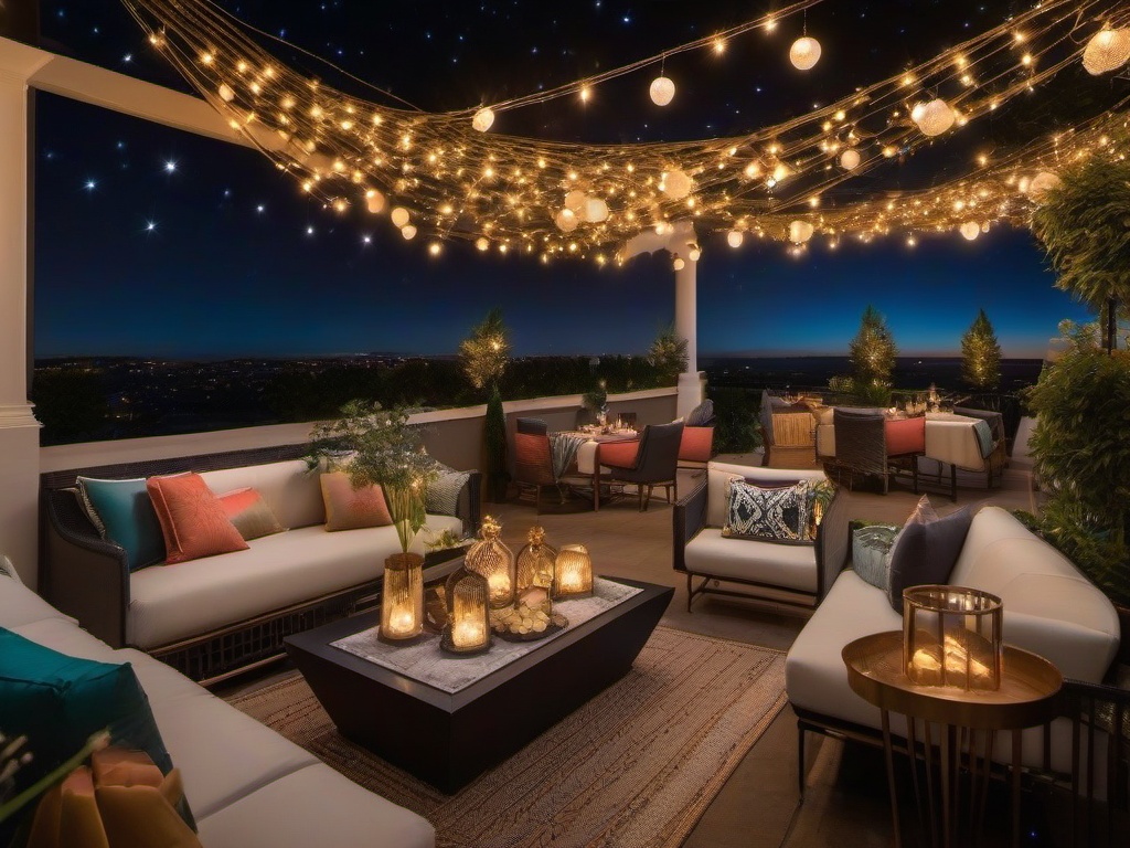 The terrace embraces cosmic chic interior design with vibrant outdoor seating, celestial-themed decor, and twinkling lights, providing a magical space for gatherings and relaxation.  