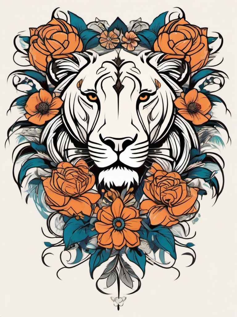 leo tattoo with flowers  simple vector color tattoo