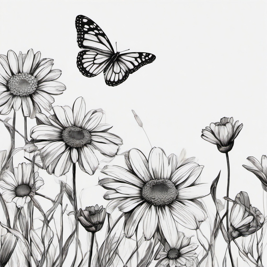 drawing of a butterfly and a daisy  minimal rough sketch scribbles,doodles,black and white