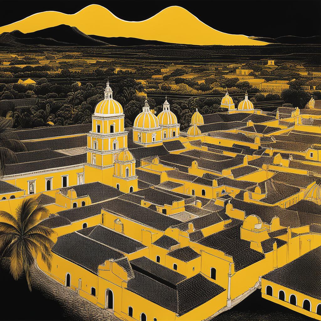 izamal - craft a surreal night painting of izamal, the yellow city, with its colonial buildings and illuminated pyramid, creating a unique blend of history and mystique. 