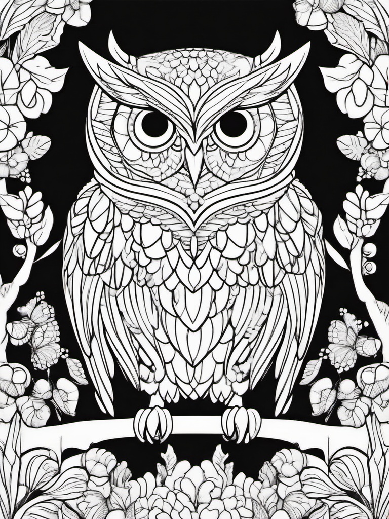 Owl Coloring Pages - Owl with a butterfly on its wing  simple coloring pages