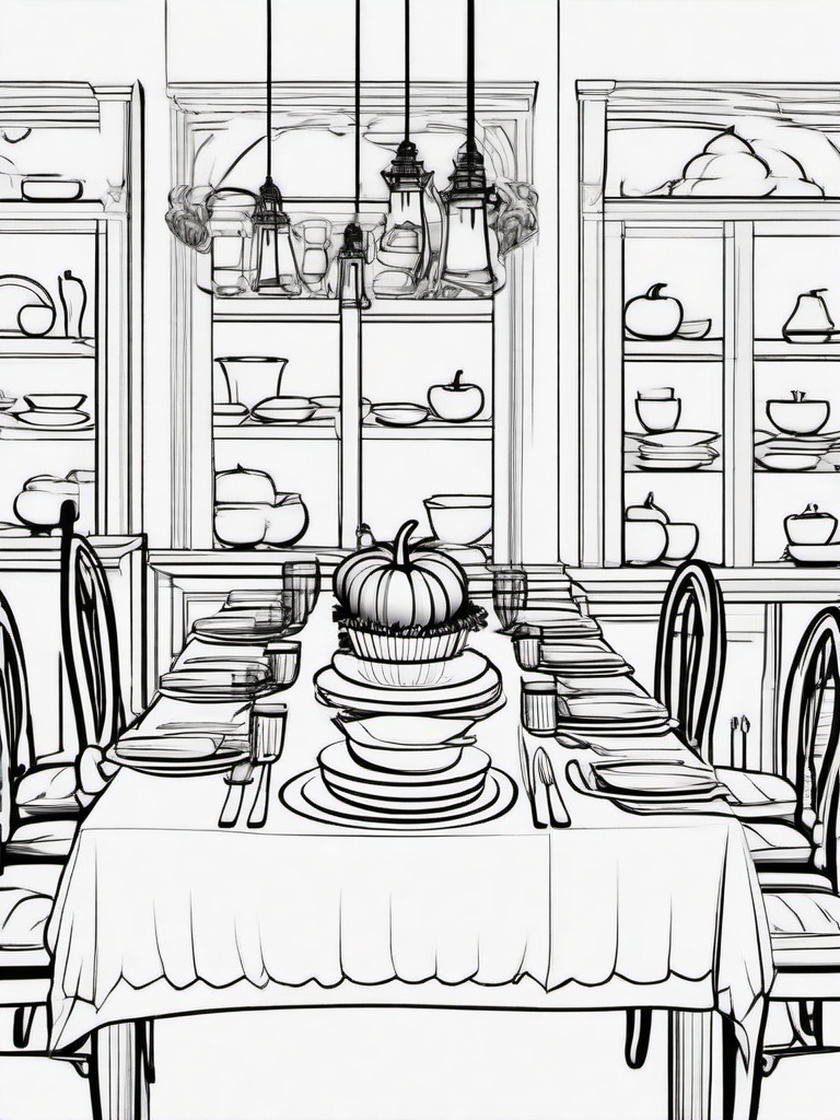 Thanksgiving Table Coloring Pages - Festive Dinner Setting with Dishes  minimal black outline printable sheet, coloring page