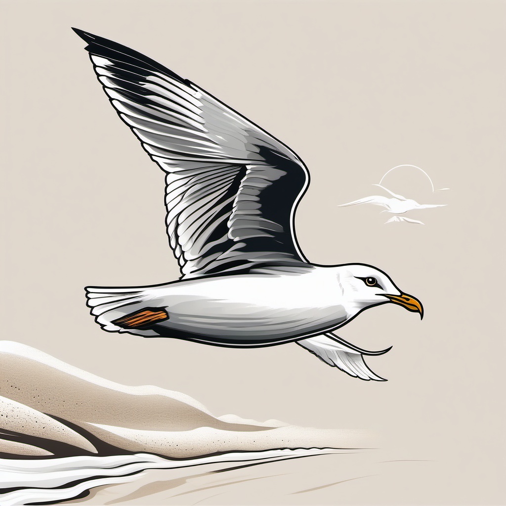 Seagull Tattoo - Seagull flying low over the sandy beach  few color tattoo design, simple line art, design clean white background