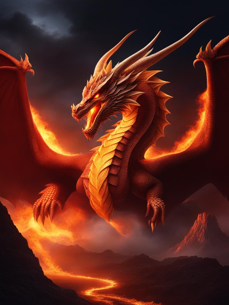 fire dragon soaring over a blazing volcanic landscape, its fiery breath lighting up the night sky. 