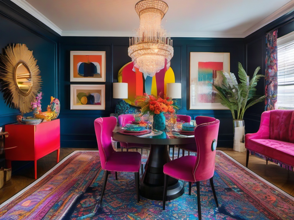 The dining room embodies maximalist interior design with a colorful table setting, eclectic chairs, and artful decor that transforms meals into a vibrant experience filled with personality.  