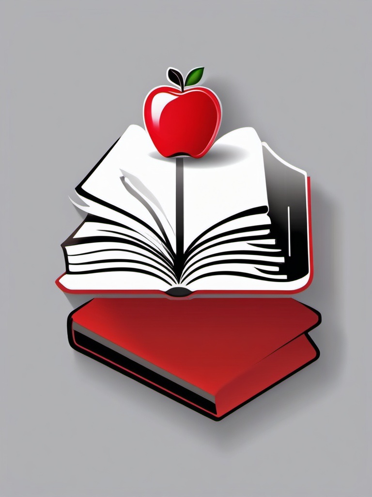 Book and Apple Sticker - Open book with a red apple, ,vector color sticker art,minimal