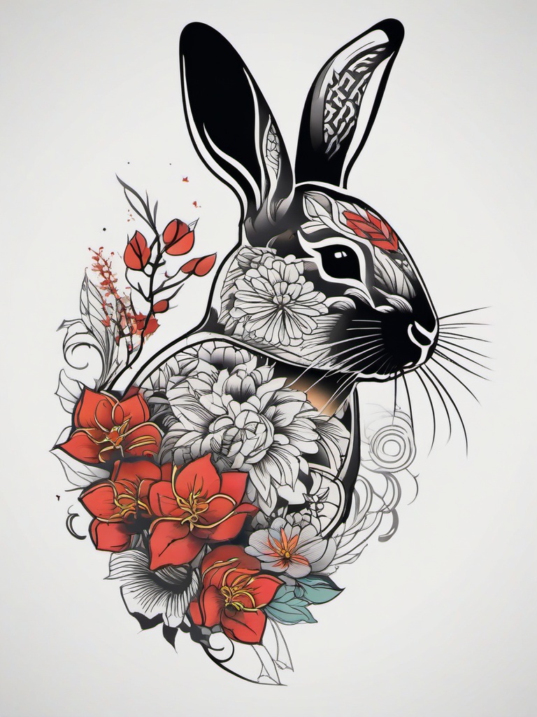 rabbit japanese tattoo  minimalist color tattoo, vector