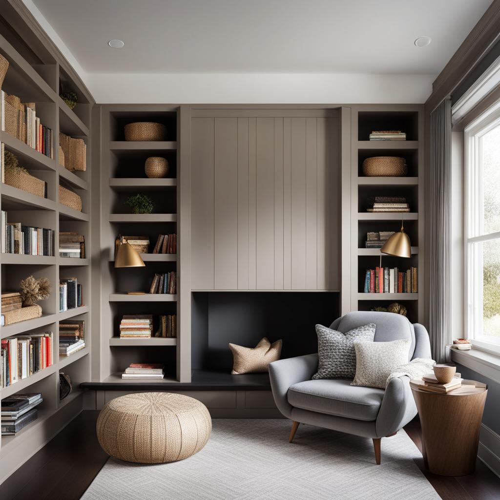 cozy reading nook with built-in bookshelves and a plush armchair. 