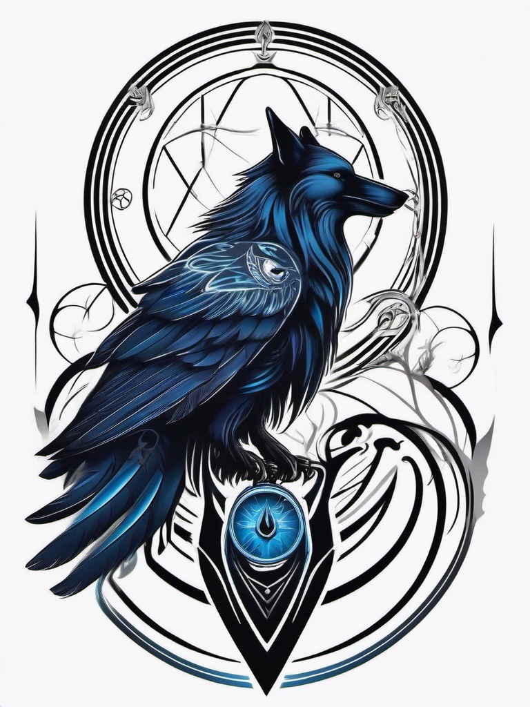 Wolf Raven Tattoo,mysterious union of the enigmatic wolf and the intelligent raven, embodiment of mystique. , color tattoo design, white clean background