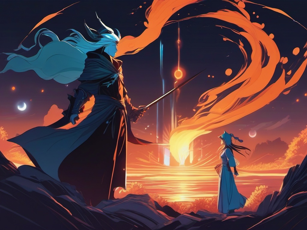 Sorcerer character and sorcerer companion, on a realm of floating islands, harnessing the power of the elements for mystical feats, as a matching pfp for couples. wide shot, cool anime color style