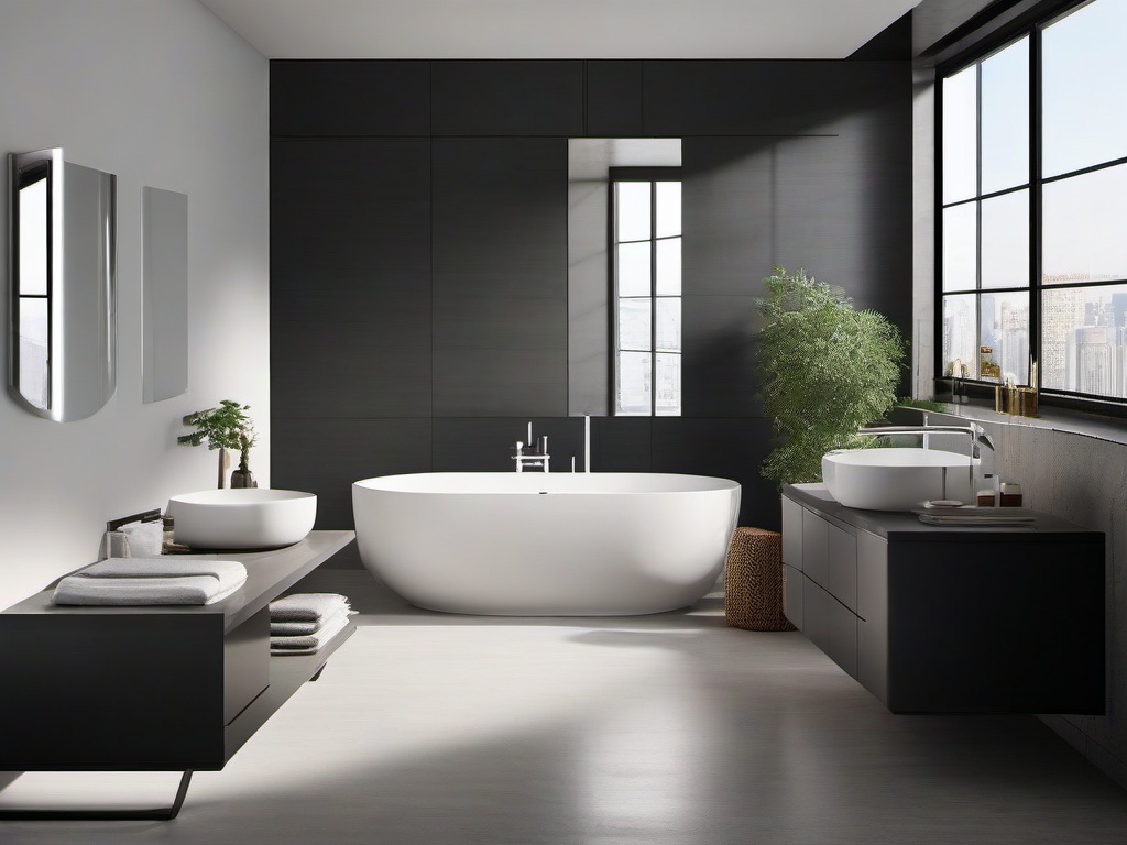 Bauhaus bathroom features minimalist fixtures, clean lines, and a monochromatic palette, creating a streamlined and efficient space for relaxation and functionality.  