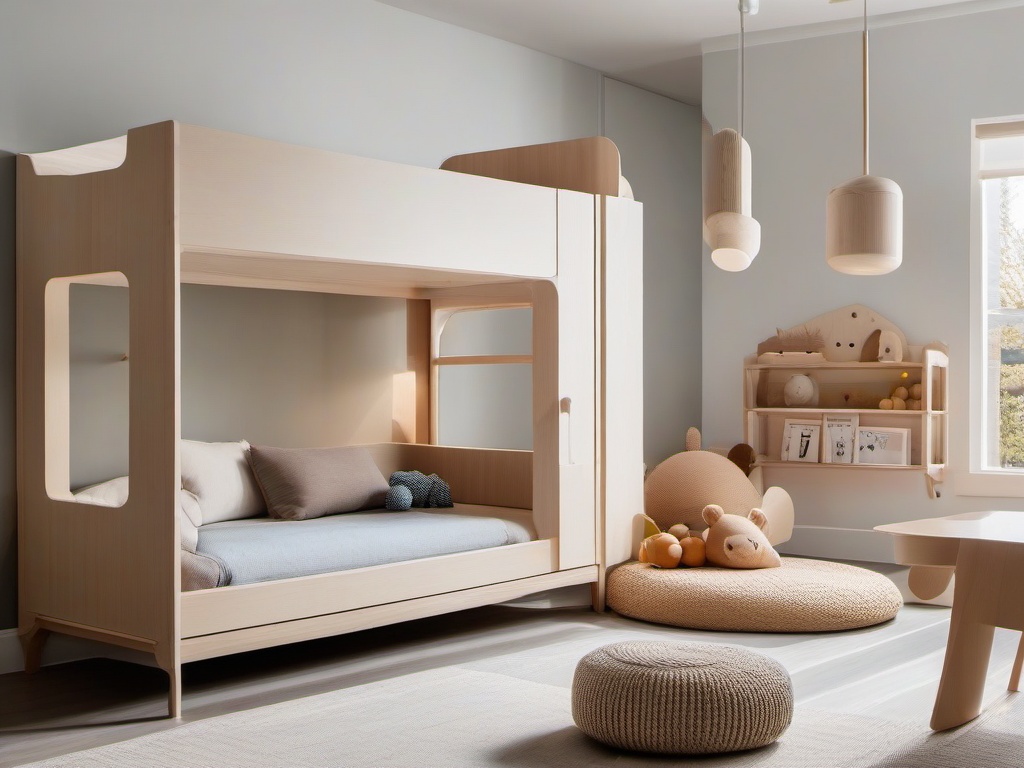 In the kids' room, Japandi interior design showcases playful yet minimalist furniture, natural materials, and a calming aesthetic that inspires creativity and imaginative play.  