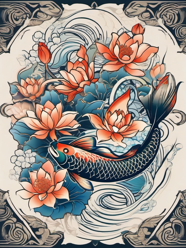 Koi Fish Lotus Flower Tattoo-Intricate and symbolic tattoo featuring Koi fish and lotus flowers, symbolizing perseverance and purity.  simple color vector tattoo