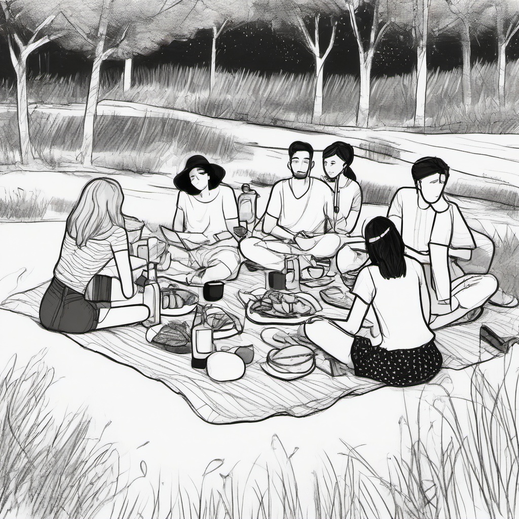 drawing of best friends having a picnic  minimal rough sketch scribbles,doodles,black and white