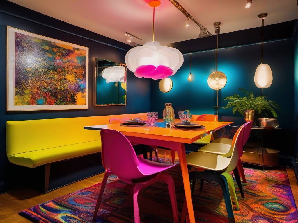 The dining nook features psychedelic interior design with a bright table, playful chairs, and eclectic decor that create an intimate and vibrant space for meals.  