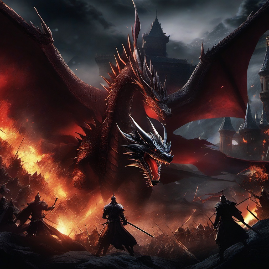 Dark medieval realm with epic dragon battles. anime, wallpaper, background, anime key visual, japanese manga