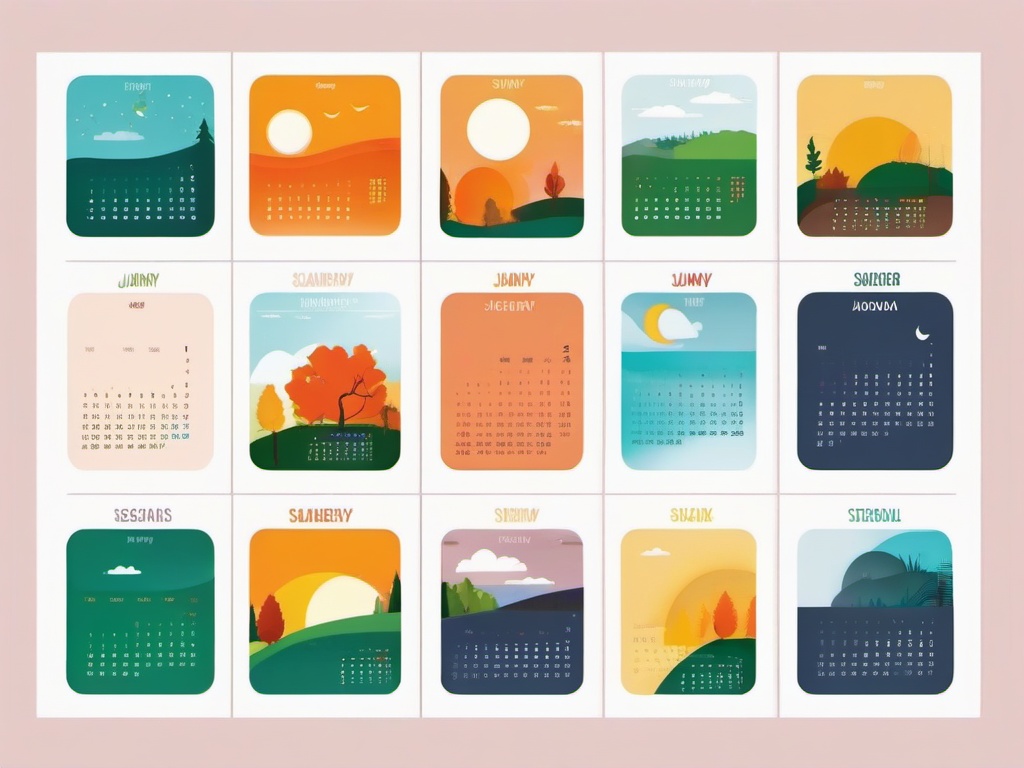 Calendar clipart - colorful calendar with seasons illustrated  color,minimalist,vector clipart