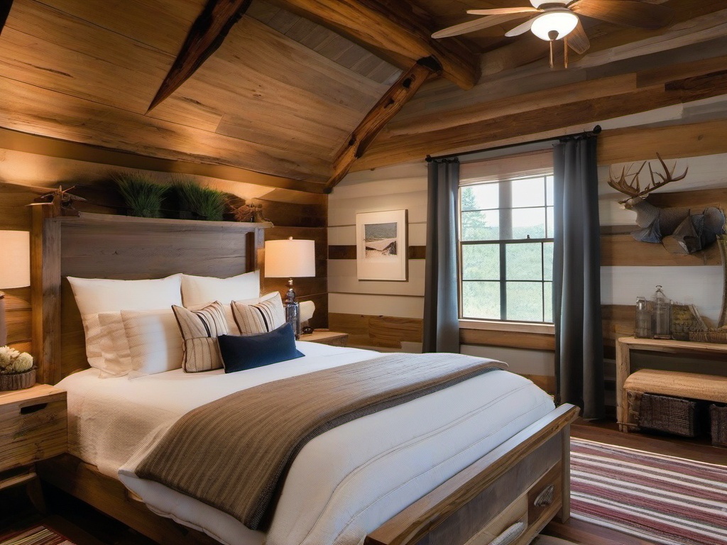 In the guest bedroom, rustic interior design offers a comfortable atmosphere with layered bedding, wooden accents, and nature-inspired decor that ensures a memorable stay for visitors.  