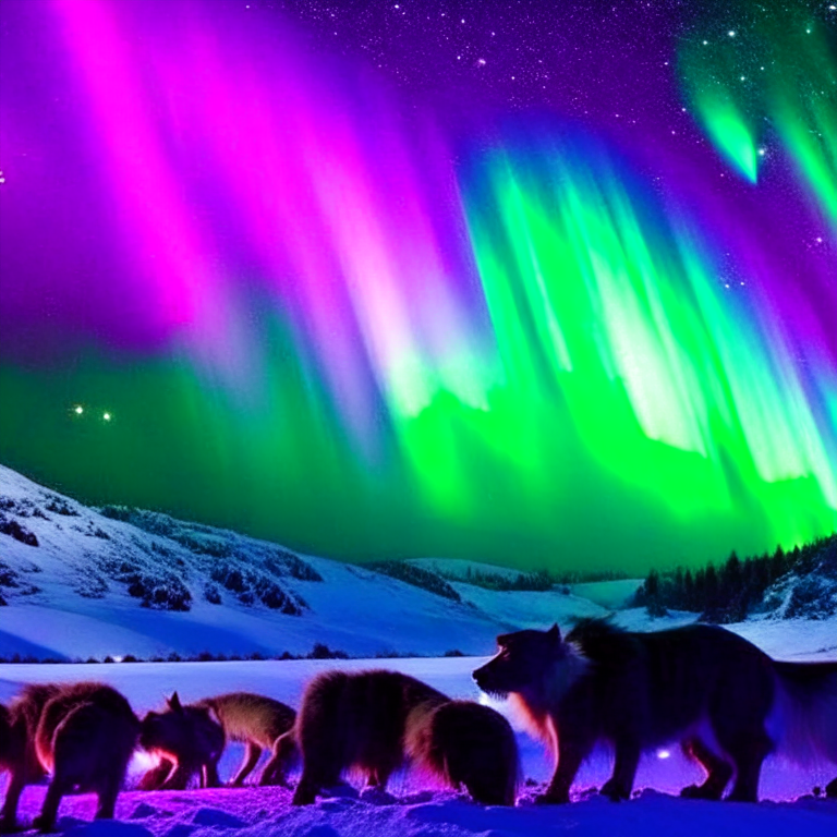 werewolves transforming beneath the eerie glow of the aurora borealis in norway. 