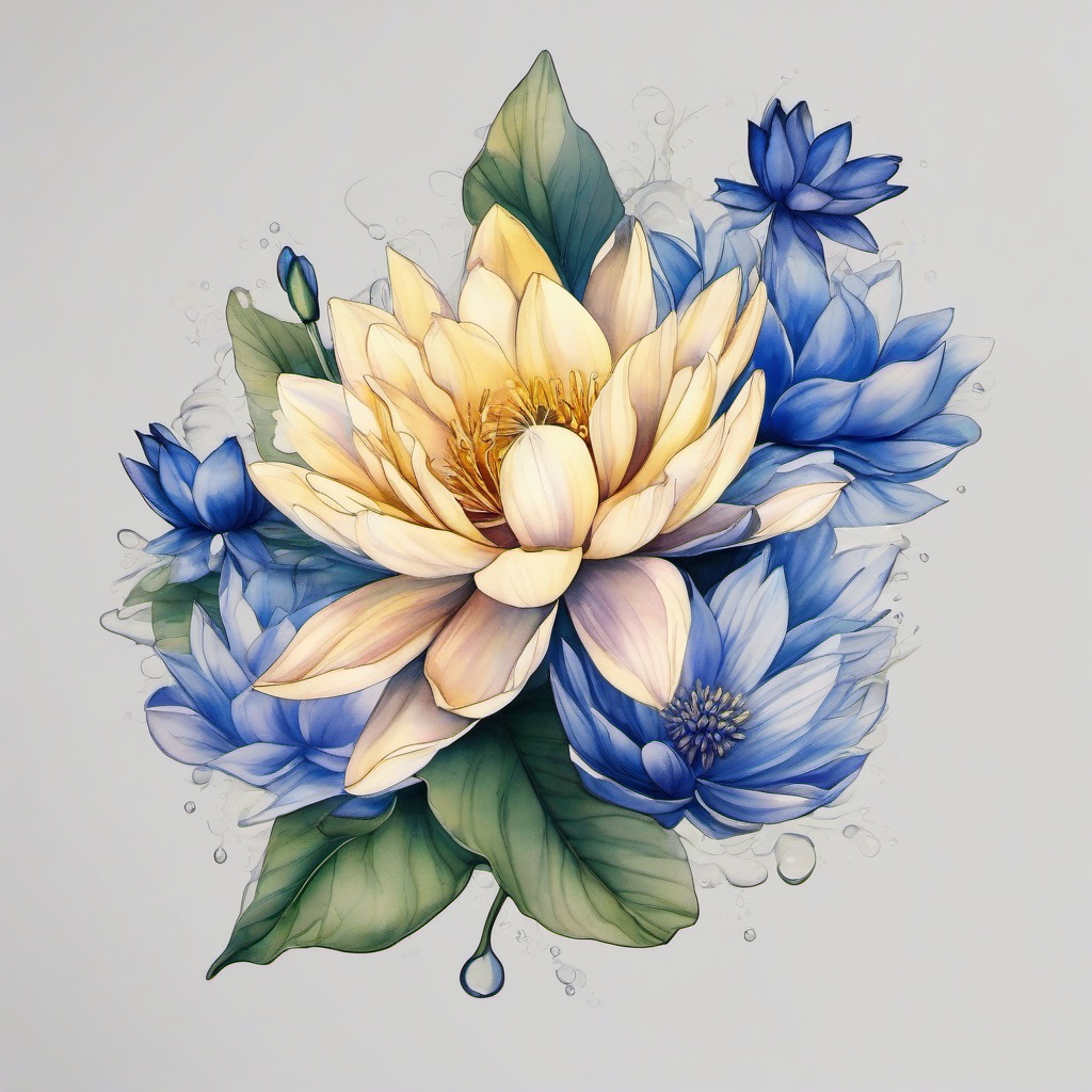 Delphinium and Water Lily Tattoo-Combining the elegance of delphinium and the purity of the water lily in a tattoo, symbolizing love, positivity, and enlightenment.  simple vector color tattoo watercolor style