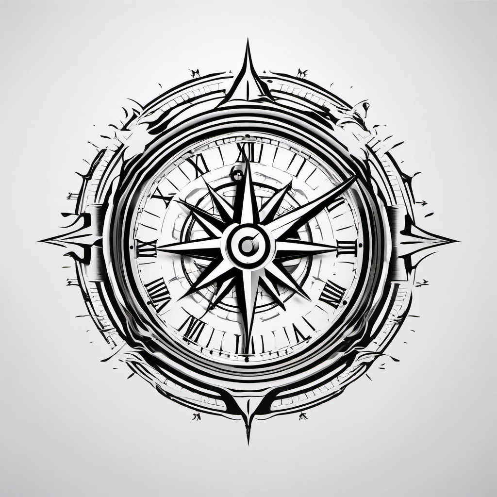 Clock with Compass Tattoo - Tattoo featuring a clock and compass fusion.  simple vector tattoo,minimalist,white background