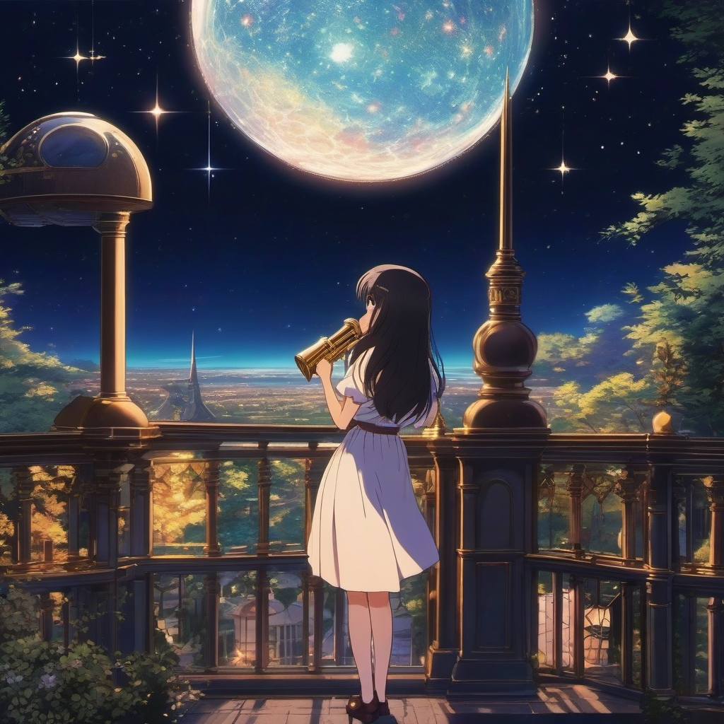 An anime girl, with a fascination for astronomy, discovers a hidden observatory where the stars hold the key to unlocking cosmic secrets.  1990s anime style