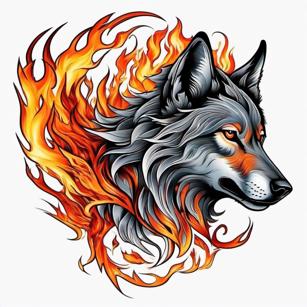 flame wolf tattoo  simple color tattoo,white background