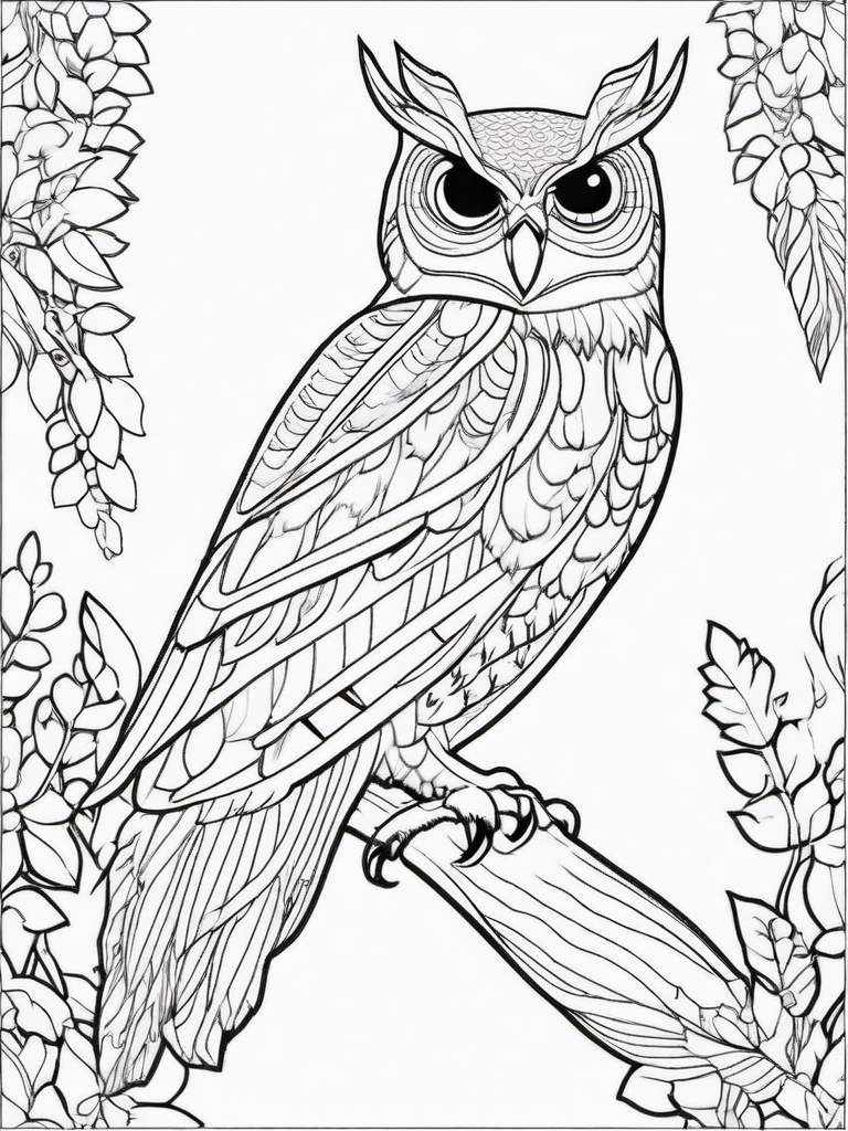 Owl Coloring Pages - Owl with feathers  simple coloring pages