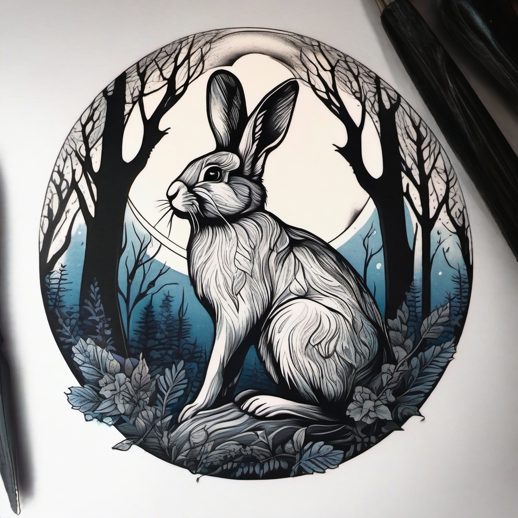 Moonlit rabbit and woodland tattoo. Nocturnal magic in ink.  color tattoo, white background